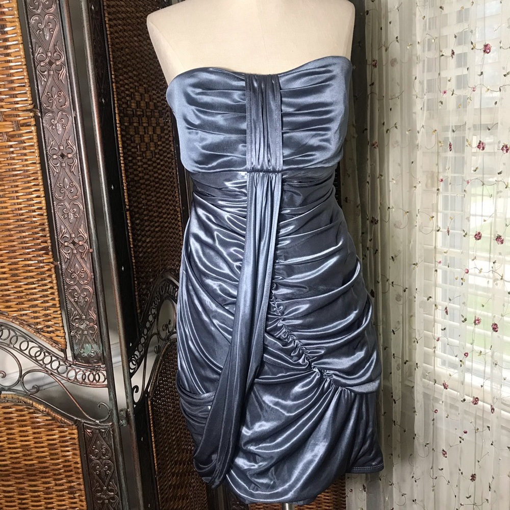 Ruby Rox Strapless Satin Ruched Dress in Slate Blue